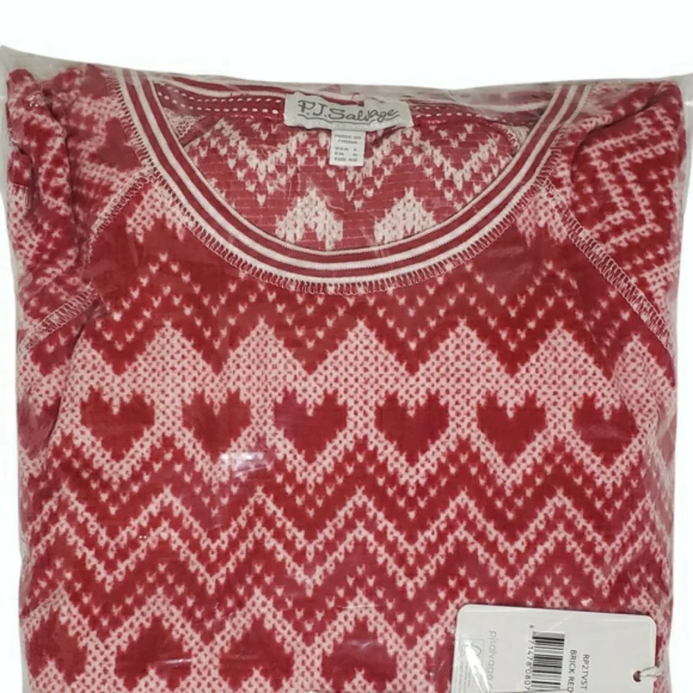 PJ Salvage Fair Isle Hearts Thermal Velour Pajama Set Medium Brick Red ❤